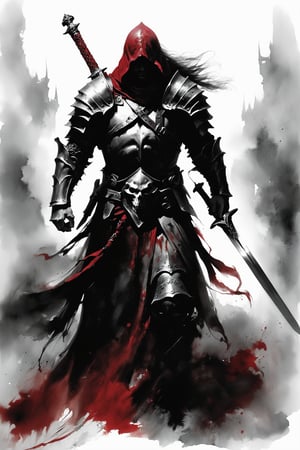 art by Antonio J Manzanedo. dark fantasy warrior standing battle-ready with a drawn sword in hand. black and white but deep red. white background
     (ink-style, ink_wash_painting),