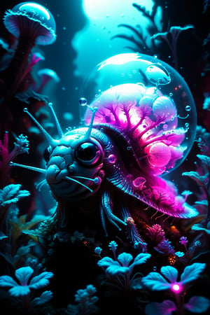 cute cuddly fluffy snail, (underwater:1.2), 
fluorescent plants, (air bubbles:1.1),
translucent, cyborg,
futuristic, biodome,
neon light, cyberpunk, crepuscular rays,