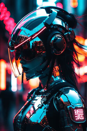 masterpiece, double exposure, silhouette of a cyberpunk robot samurai woman, robot face with mirrored face shield, hyperdetailed helmet, her body filled with a cyberpunk street scene of neon and bokeh, highest definition, HD32K, wallpaper, crisp lines, double exposure background, hyperdetailed, concept art