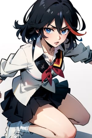 1 girl, matoi ryuuko, school uniform, untucked shirt, white shirt, grey skirt, black and white jacket, red ribbon,white background, white snickers, white shoes, snickers,