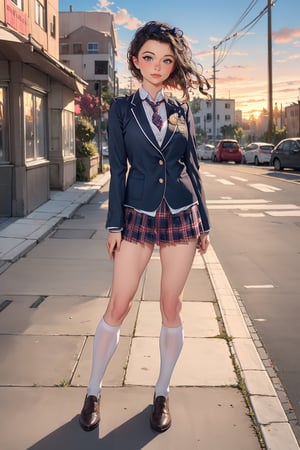 A Woman,  portrait full body_detailed,  very beautiful,  detailed,  intricate details,  Color Booster, SkpFace, 

badge, blazer, buttons, jacket, necktie, plaid, plaid_pants, plaid_skirt, school_uniform, shirt, skirt, long_sleeves, pleated_skirt, checkered_skirt, bow, white_shirt, plaid_bow, plaid_dress, plaid_jacket, plaid_necktie, plaid_neckwear, shuujin_academy_uniform

((sunset, street, melissa stemmer's photography style))

Film Grain, FilmGrainAF,ProduceSei,photorealistic,SkpFace