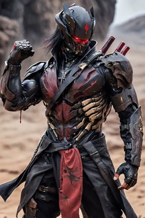 Closeup Portrait, cyborg, Dark, black, Side view, piercing generic body with fist, Profoundly red grey dystopian desert, sand dust, rocks, Stains, space grunge style, black Hair, male Kenshiro from fist of the north star wearing used blackish Mad Max Styled leather armor, fist gauntlets, rips out the head and spine of opponent,  blood Splashes, Blood fountain, severed arm, gore, bones, fists up, 
restricted view, bodies in the background, action scene, Sci-fi vibe, dirty, noisy, Vintage, very detailed, hd, vibrant colors
,exosuit,Movie Still,tactical gear,futuristic,futuristic alien