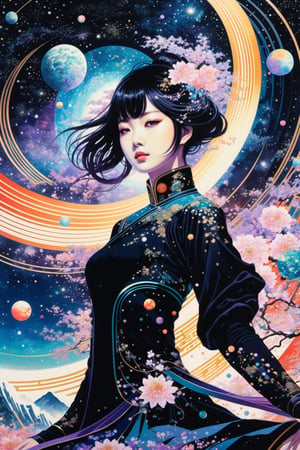 Chinese girls, dance 。trippy art work of a man space theme black around zoomed out, background composed of details, interactive image, highly detailed. Art by Shinichi Sakamoto, Tōru Naomura,  Taro Nogizaka.