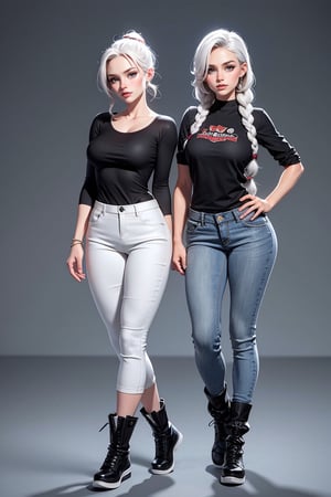 Character design sheet, same character, on front, from on the side, At the back. 2girls, ginger, Tall European girl 23 years old with a toned physique. white colored hair, braided into a tail and closes one eye, and gray eyes. Black Top, dark gray jeans and high boots, Grey plaid shirt. Silver elements and jewelry, large breast
,3D MODEL