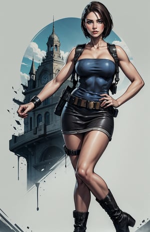 Hyper realistic Jill Valentine, The image shows a woman standing with an athletic appearance. She has short plain, dark hair. She is wearing a tight, strapless royal blue top and a black miniskirt. She has a belt with various holsters and a thigh holster on her right leg. On the upper body, she has a strap crossing from her left shoulder to her right waist. Additionally, she is wearing black heeled combat boots that reach just below her knees, perfect legs, simple_background, full body, perfect body,dabuFlatMix_v10.safetensors,jill valentine ,jvre