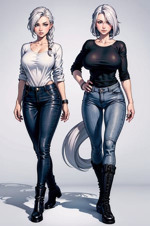 Character design sheet, same character, on front, from on the side, At the back. 2girls, one ginger, one grey hair, Tall European girl 23 years old with a toned physique. white colored hair, braided into a tail and closes one eye, and gray eyes. Black Top, dark gray jeans and high boots, Grey plaid shirt. Silver elements and jewelry, large breast
,3D MODEL