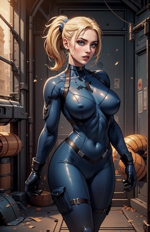 ((Sexy, tall and very beautiful Casie Cage from mortal kombat videogame series)) ((dark eyeshadows make up)) (()) (()) ((big bright blue eyes)) (()) ((badass)) ((short straight blonde hair with pony tail)) ((big breasts:1.4)) ((slender body:1.3)) ((wears tactical blue body suit, gloves, tactical pants)) ((choker)) (()) ((abandoned military tanks hangar)) ((pale light)) ((high definition:1.5)) ((masterpiece:1.5)) ((8k:1.5)) ((Best quality:1.4)), more_details:-1, more_details:0, more_details:0.5, more_details:1, more_details:1.5,