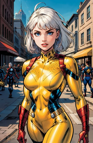 A woman, white hair, hair with bangs, 90's x-men uniform, outside, Marvel art style, comic, blue eyes, some freckles, dark yellow spandex,HQ