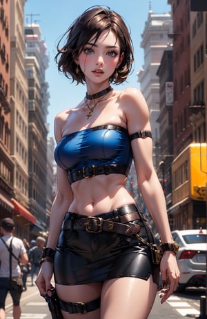Hyper realistic Jill Valentine portrayed by Sienna Guillory, The image shows a woman standing with an athletic appearance. She has short plain, dark hair. She is wearing a tight, strapless royal blue top and a black miniskirt. She has a belt with various holsters and a thigh holster on her right leg. On the upper body, she has a strap crossing from her left shoulder to her right waist. Additionally, she is wearing black heeled combat boots that reach just below her knees.