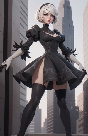 2b, NieR: Automata, ultra hd, standing, detailed body, full body, detailed hands, detailed face, detailed eyes, city fantasy background, hdr, yorha no. 2 type b,3D style,3DMM