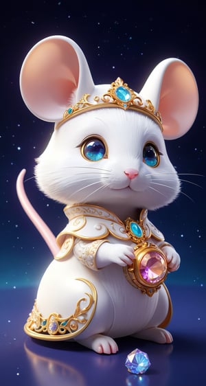 A mouse  white , small and cute,generate a celestial adorable non-human animal in the style of celestial and fantasy. the animal should be the most beautiful animal ever created. Consider details like fluffy and feathers and silk and satin and shimmer and glimmer. Include subtle details of phantasmal iridescence. emphasize small details of fantasy and ornate jewels. camera: utilize interesting and dynamic composition. enhance visual interest. lighting: use ambient lighting that enhances the ambiance of fantasy. include bold colors and deep shadows. hires, detailed eyes, hires detailed eyes, hires small details, ornate, intricate details, 8k, shimmer, unity, official cgi unreal engine, high resolution, (((masterpiece))), high quality, highres, detail enhancement, (bright and clear eyes), ,More Reasonable Details
