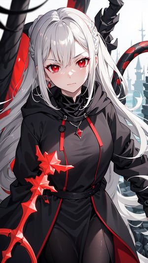 //Quality,
masterpiece, best quality, detailed, (depth of field:1.5), depth_of_field
,//Character,
1girl, pissed off facial, light smirk, solo, long hair, grey hair, shiny hair, pale white skin, pale skin, ((pale skin)), red eyes, ((Red Eye)), red eye colour, bangs, pony_tail, side_braid
,//Fashion,
red diamond earrings, black jacket, black_black_grey jacket, grey hoodie, robe, amazon clothes, holding Magical black_black_grey cube
,//Background,
pirate ship in the monster of sea
,//Others,
light particles, depth of field, fantasy purple forest, water, colorful, dripstone, Magical red_red_black snake, stalagmite, red_red_black magical dragon in the background, gigantic red_red_black magical snake in the background, red_red_black tiny snake pet,yandere