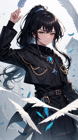 ,//Quality,
Masterpiece, Best Quality, Detailed, (Depth Of Field:1.2), Depth_Of_Field, Light Particles
,//Character,
1girl, Solo, Pissed Off Facial, Light Smirk, Black Long Hair, ((Black Hair Colour)), From Above, Black_Black_Black Hair, Shiny Hair, Brown Eyes, ((Brown Eyes)), Side_High_Ponytail, High Ponytail, Medium Chest, ((Medium Chest))
,//Fashion,
Blue Feather Necklace, Black jacket, Black_Black_White Jacket, Black_Black_White Hoodie, (Blue Feather Garment)), Draped In A Jacket Crafted Entirely From A Myriad Of Yellow Feather, Yellow Feather
,//Background,
Gigantic Turtle City
,//Others,
Void volumes, Side view, Holding_Blue_White_Bird , ((wlop))