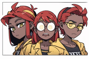 Multiple faces, expressions, tan skin, red hair, long hair, googles, wilding googles, ((wearing yellow googles)), reference stheet, simple backgraund, only heads, peaked hat