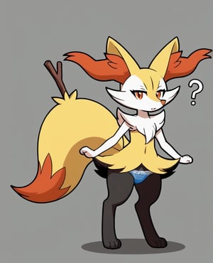 best quality, masterpiece, consistent, high resolution, 4k, grey background, centered,

 dark pokemon, fakemon, (braixen), dark blue fur, solo, female, biped, sexy, tail, fox, ?, nsfw, wearing pantis, lace pantis, cian underwear