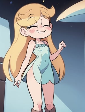 1 girl, star butterfly, dress, wearing cute dress, boots, ((see through dress)), blush, nervous smile, open eyes, see-througth 3, sundress, wearing transparent dress, beautiful, body silhouette