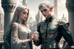 High detailed , couple, hetero, holding hand, drinking coffee, flirting, smiling, 1 young white haired white eyebrows handsome muscled elf man with blue eyes and 1 silver haired beautiful elf woman with green eyes, standing side by side , uniform , muscled , futuristic ,fantasy00d,vamptech, sexy, beautiful people, elf_ears, hd, 3d_(artwork), 