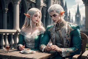 High detailed ,seated couple, hetero, holding hand, drinking cups of steamy coffee in a balcony, having brunch, flirting, smiling to each other, brushing hair strand with fingers, 1 young white haired white eyebrows handsome muscled elf man with blue eyes and 1 silver haired beautiful elf woman with green eyes, standing side by side , uniform , muscled , futuristic ,fantasy00d,vamptech, sexy, beautiful people, elf_ears, hd, 3d_(artwork), love