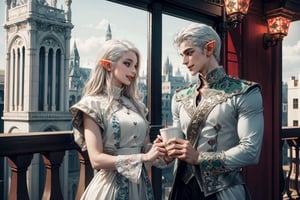 High detailed , couple, hetero, holding hand, drinking cups of steamy coffee against a balcony, flirting, smiling to each other, 1 young white haired white eyebrows handsome muscled elf man with blue eyes and 1 silver haired beautiful elf woman with green eyes, standing side by side , uniform , muscled , futuristic ,fantasy00d,vamptech, sexy, beautiful people, elf_ears, hd, 3d_(artwork), love