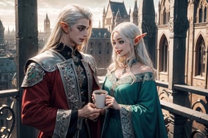 High detailed , couple, hetero, holding hand, drinking cups of steamy coffee against a balcony, flirting, smiling to each other, 1 young white haired white eyebrows handsome muscled elf man with blue eyes and 1 silver haired beautiful elf woman with green eyes, standing side by side , uniform , muscled , futuristic ,fantasy00d,vamptech, sexy, beautiful people, elf_ears, hd, 3d_(artwork), love