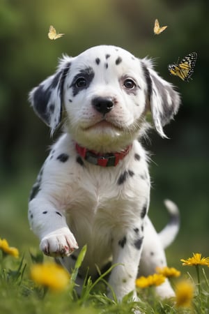 Hyperrealistic photo, very close-up of a beautiful and tender Dalmatian puppy, he is in a garden playing, Jumping, wagging its tail happily, stretching out its little paws to catch butterflies. A garden with short, very green grass. Many small, colorful flowers. It's daytime, the light is natural. The light creates a contrast of shadows on the animal. Beautiful scene, ultra detailed, hyperrealistic, colorful, distant.