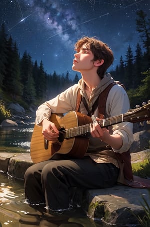 A young poet sits by a river, strumming his lute while gazing up at the stars. He seeks inspiration for his poetry, haunted by the beauty and sadness of the world.