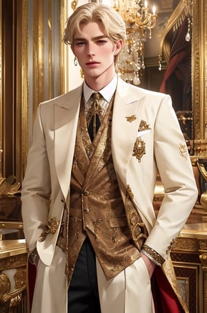 White blonde Western nobleman in medieva fantasy attire, adorned in extravagant and opulent clothing, exuding an air of aristocratic elegance and refinement.