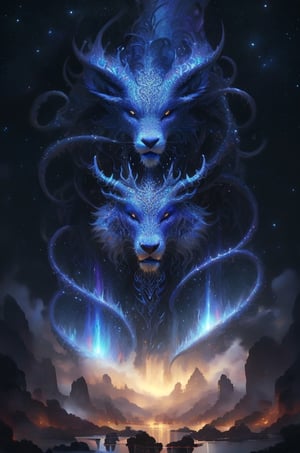 Create an enigmatic and all-mighty beast, drawing inspiration from ancient myths and cosmic wonders. Imagine its majestic form, unique abilities, and the aura of mystery surrounding it. Consider the creature's habitat and the legends whispered about its existence in the realms of fantasy.