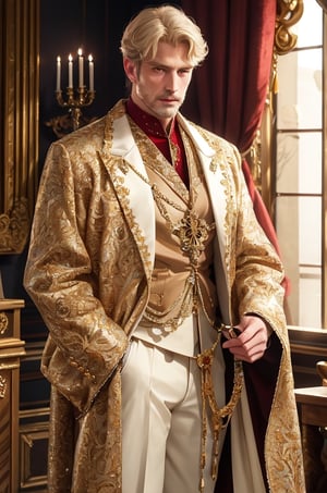 White blonde Western nobleman in medieval attire, adorned in extravagant and opulent clothing, exuding an air of aristocratic elegance and refinement.