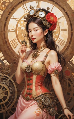 Surreal and imaginative artwork featuring beautiful Asian women with beautiful body compositions. The beautiful woman had a cheerful expression, bright eyes, and a slight smile. Her head is adorned with a halo clock resembling Roman numerals. Her skull looked as if it had broken into pieces. And a red bird flew out from above his head. The figure's neck and arms are integrated with gears and keyholes. Highlighting the beauty of steampunk There were small mice scaffolding around her. It appears to be repairing or maintaining its mechanical parts. The background changes from light pink on the left to beige on the right. It adds a dreamlike quality to the work.