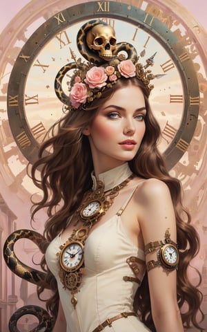 A surreal and imaginative artwork of a beautiful woman with a beautiful full body composition. The beautiful woman had a cheerful expression, bright eyes, and a slight smile. Her head is adorned with a halo clock resembling Roman numerals. Her skull looked as if it was shattered into pieces. and a king cobra appeared from above his head. The figure's neck and arms are integrated with gears and keyholes. To highlight the beauty of steampunk. Snakes snaked around her, seemingly repairing or maintaining their mechanical parts. The background changes from light pink on the left to beige on the right. It adds a dreamlike quality to the work.