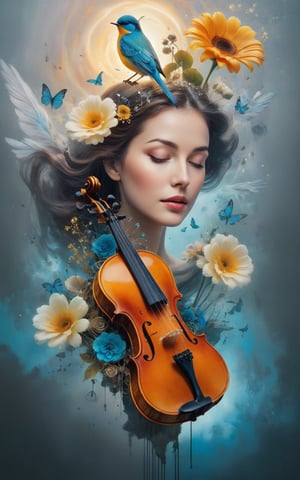 A surreal and artistic digital collage featuring a woman's face. The eyes sparkled brightly. And her face was happy and there was a violin stuck in her head. The layout is vertical. by placing the violin in the middle It protrudes from the top of the head. The woman's skin was pale. Around the violin, there were various elements, including a blue bird perched on the violin, gears, clock parts, and music notes, creating a strange and dreamy atmosphere. There are both real flowers and illustrated flowers. This adds a touch of nature to the composition. The background is gray with a plain texture. It adds a vintage and magical feel to the artwork.