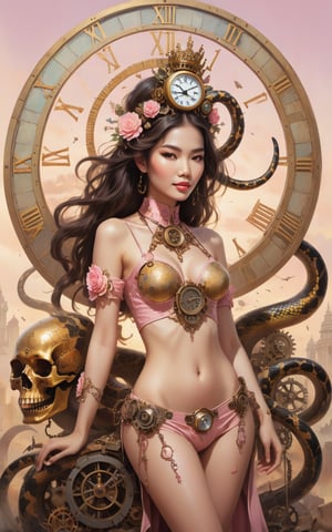 A surreal and imaginative artwork of a beautiful thailand woman with a beautiful full body composition. The beautiful woman had a cheerful expression, bright eyes, and a slight smile. Her head is adorned with a halo clock resembling Roman numerals. Her skull looked as if it was shattered into pieces. and a king cobra appeared from above his head. The figure's neck and arms are integrated with gears and keyholes. To highlight the beauty of steampunk. Snakes snaked around her, seemingly repairing or maintaining their mechanical parts. The background changes from light pink on the left to beige on the right. It adds a dreamlike quality to the work.