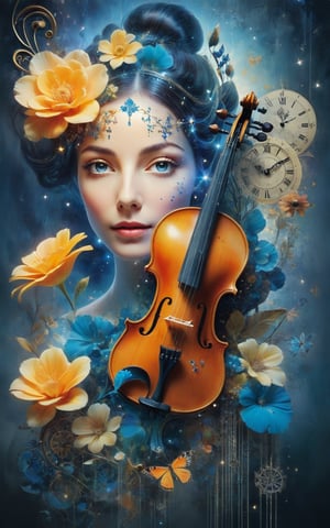 A surreal and artistic digital collage featuring a woman's face. The eyes sparkled brightly. And her face was happy and there was a violin stuck in her head. The layout is vertical. by placing the violin in the middle It protrudes from the top of the head. The woman's skin was pale. Around the violin, there were various elements, including a blue bird perched on the violin, gears, clock parts, and music notes, creating a strange and dreamy atmosphere. There are both real flowers and illustrated flowers. This adds a touch of nature to the composition. The background is gray with a plain texture. It adds a vintage and magical feel to the artwork.