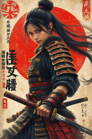 A stylish vintage poster full colour featuring a young woman wearing traditional Japanese samurai armor. The woman has fair skin, long dark hair in a bun, and is wearing Japanese samurai armor. The woman is holding a katana sword. She is fighting in a battlefield. The background has a red circle pattern with Japanese characters and symbols, written in a sharp brush stroke, which is typical of traditional Japanese style. Additional text and Japanese logos are placed around the edges of the poster in a variety of styles and colors, including a red seal and black text.