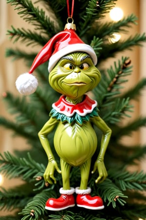 "dressed christmas_ornament, in form of FULL BODY [THE GRINCH], made of ceramic, wearing a santa hat", CHRISTMAS TREE BACKGROUND