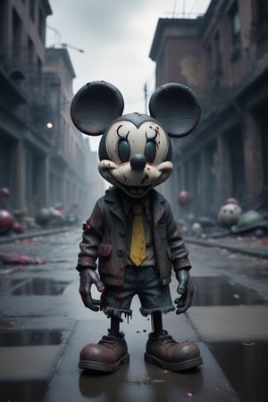 Mickey mouse zombie, earting a brain, in a post-apocalyptic city (best quality,4k,8k,highres,masterpiece:1.2), ultra-detailed, (realistic,photorealistic,photo-realistic:1.37), horror, portraits, vibrant colors, dramatic lighting, decaying city, eerie atmosphere, crumbling buildings, foggy streets, dilapidated cars, broken windows, abandoned toys, hauntingly beautiful, haunting shadows, dark alleys, flickering streetlights, twisted Mickey ears, tattered clothing, menacing smile, bloodshot eyes, decaying flesh, gnarled hands, creepy crawlies, zombie apocalypse, brain feast, macabre scenery.