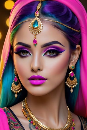 Photorealistic, Photo of Arabian woman, colorful hair, huge eyelashes, huge bold eyelines, neon bold eyeshadows, high quality, colorful tattoos, huge earrings,photorealistic, 18k