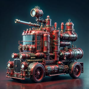 A Steampunk fire truck, red, siren, ligths, pipes and details,  ((red signal on top)), Cyberpunk city, rain, nigth, photorealistic, UHD, cinematic lighting, steampunk style,steampunk style,steampunk,ste4mpunk