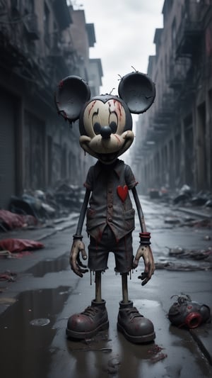 Mickey mouse zombie, earting a brain, in a post-apocalyptic city (best quality,4k,8k,highres,masterpiece:1.2), ultra-detailed, (realistic,photorealistic,photo-realistic:1.37), horror, portraits, vibrant colors, dramatic lighting, decaying city, eerie atmosphere, crumbling buildings, foggy streets, dilapidated cars, broken windows, abandoned toys, hauntingly beautiful, haunting shadows, dark alleys, flickering streetlights, twisted Mickey ears, tattered clothing, menacing smile, bloodshot eyes, decaying flesh, gnarled hands, creepy crawlies, zombie apocalypse, brain feast, macabre scenery.