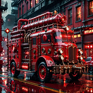 A Steampunk fire truck, red, siren, ligths, pipes and details,  ((red signal on top)), Cyberpunk city, rain, nigth, photorealistic, UHD, cinematic lighting, steampunk style,steampunk style,steampunk