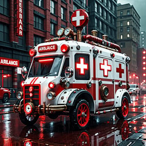 A Steampunk ambulance, white, red cross, pipes and details,  (("AMBULANCE" red signal on top)), Cyberpunk city, rain, nigth, photorealistic, UHD, cinematic lighting, steampunk style,steampunk style,steampunk