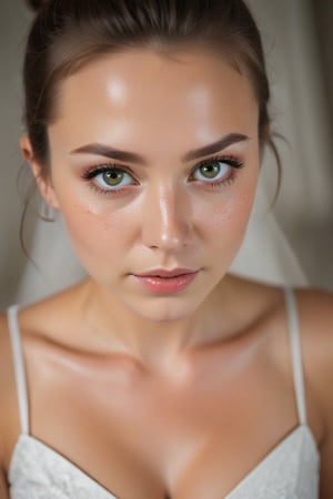 raw photo of young wife, mediun shot, spectacular tight body, brown hair with ponytail, wearing wedding dress, big cleavage, nice tits, rim lighting, studio lighting, looking at the camera, dslr, ultra quality, sharp focus, tack sharp, dof, film grain, Fujifilm XT3, crystal clear, highly detailed glossy green eyes, piercing green eyes, high detailed skin, skin pores, birthmark on the cheek