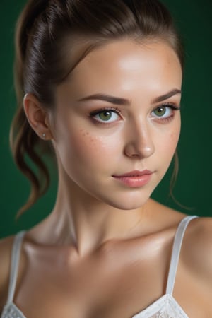 raw photo of young wife, mediun shot, spectacular tight body, brown hair with ponytail, wearing wedding dress, big cleavage, nice tits, rim lighting, studio lighting, looking at the camera, dslr, ultra quality, sharp focus, tack sharp, dof, film grain, Fujifilm XT3, crystal clear, highly detailed glossy green eyes, piercing green eyes, high detailed skin, birthmark on the cheek