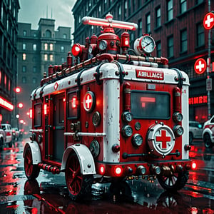 A Steampunk ambulance, white, red cross, pipes and details,  (("AMBULANCE" red signal on top)), Cyberpunk city, rain, nigth, photorealistic, UHD, cinematic lighting, steampunk style,steampunk style,steampunk