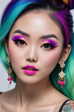 Photorealistic, Photo of Asian woman, colorful hair, huge eyelashes, huge bold eyelines, neon bold eyeshadows, high quality, colorful tattoos, huge earrings,photorealistic, 18k