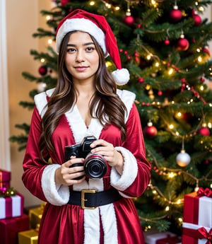 beautiful Woman, sexy Santa Claus clothes, standing in front of Christmas tree, (((holding a camera))),many colorful gifts, long hair, intricate, elegant, highly detailed, soft, sharp focus, ultra realistic, no watermark,