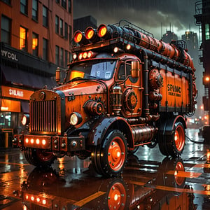 Steampunk Dump truck bathed in orange and black hues, "DUMP" signal illuminated atop, set against a rain-drenched Cyberpunk cityscape at night, captured with photorealistic quality, UHD resolution, and cinematic lighting emphasizing the steampunk aesthetic, volumetric rain effects, glistening reflective surfaces, steam emanating from pipes, ultra-fine textures, cybernetic augmentation, steampunk style,steampunk style,steampunk