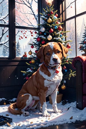 masterpiece,Christmas tree showing fully  withe ,cute light bulb,movie lighting,
Ultra high definition, ultra high resolution, visually Stunning,variety of colors,More Detail,High detailed, a tiny cute puppy on the right side of tree, deep elegant red wallpapers,  snows seen the window upperside of the dog