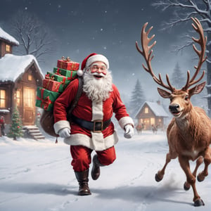 masterpiece, best quality, high detailed, Extremely Realistic, funny illustration, Santa running with a sack of Christmas gifts, holding a telephoto camera, happy smile, accompanied by rudolph red nosed reindeer, cinematic, moviemaker style,